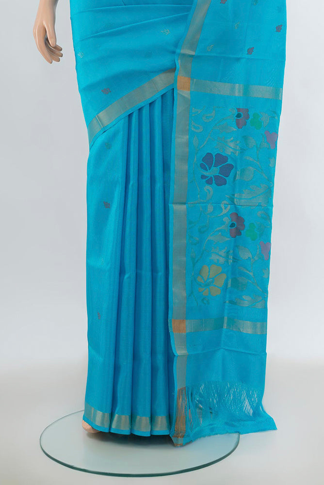 Pleats and pallu of Light Blue Uppada Silk Saree with Zari Butta on the body and Silk Border. 