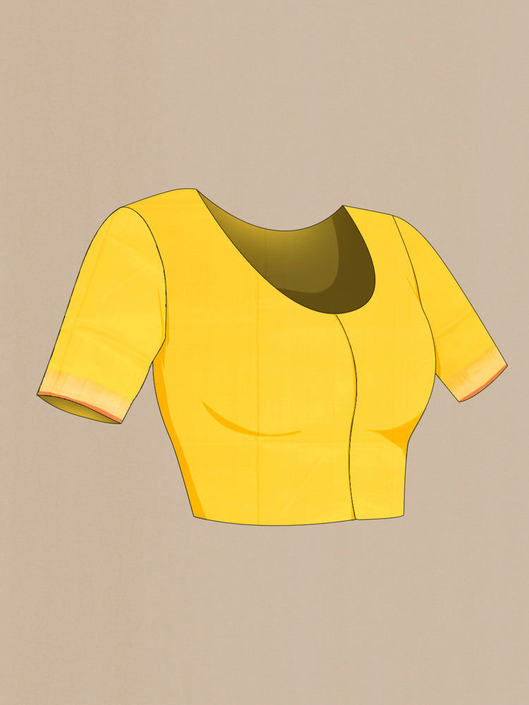 Close up image of the blouse of Pure Silk Pure Zari Yellow Uppada Saree with Zari Butta on the body and Silk Border. 