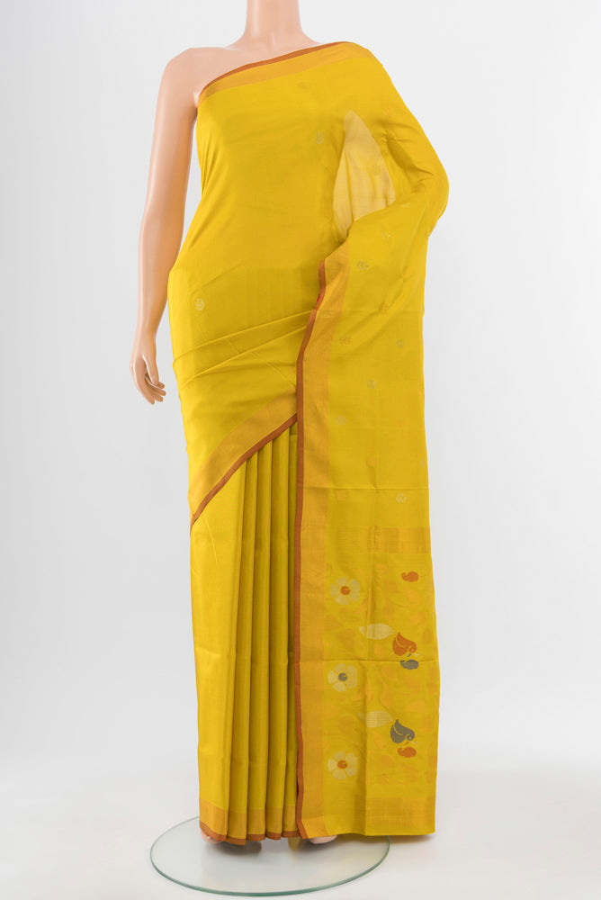 Pure Silk Pure Zari Yellow Uppada Saree with Zari Butta on the body and Silk Border.  displayed on a mannequin