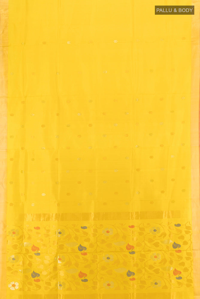 Flat view of Pure Silk Pure Zari Yellow Uppada Saree with Zari Butta on the body and Silk Border. 