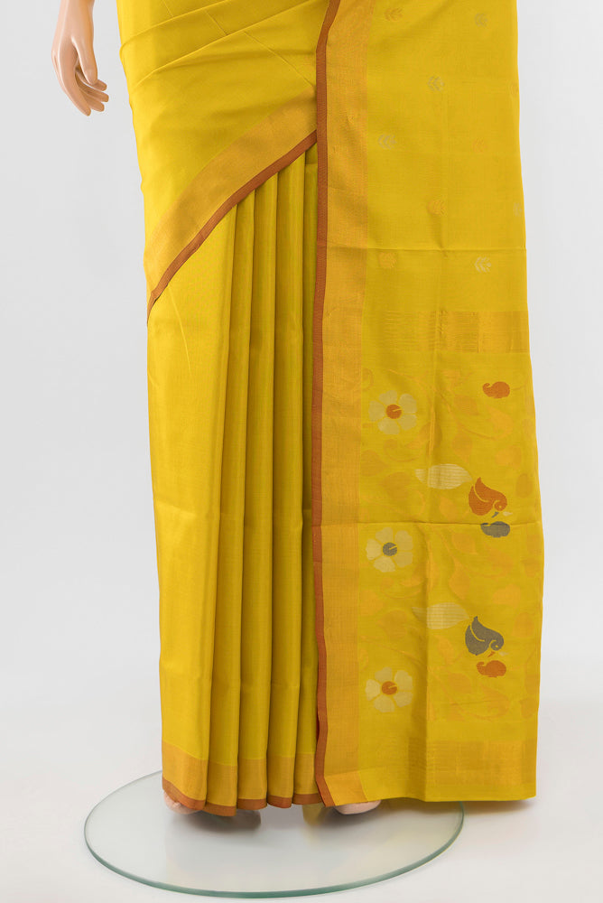 Pleats and pallu of Pure Silk Pure Zari Yellow Uppada Saree with Zari Butta on the body and Silk Border. 