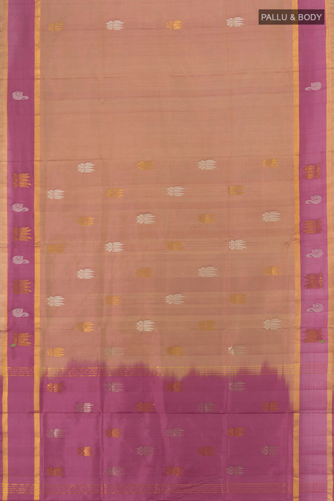 Flat view of Olive Green Uppada Silk Saree with Zari Butta on the body and Silk Border. 
