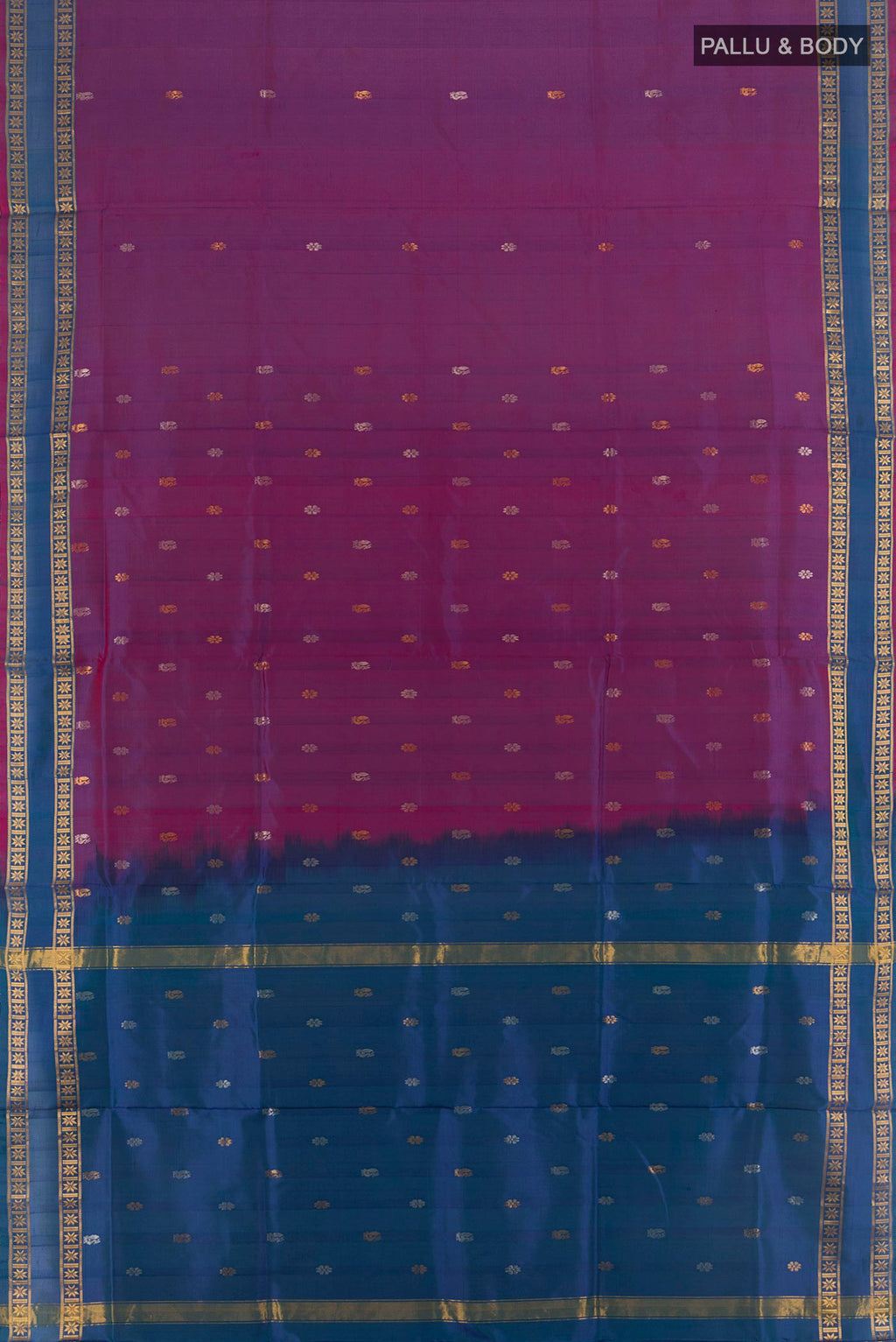 Flat view of Pure Silk Magenta Uppada Saree with Zari Butta on the body and Plain Border. 