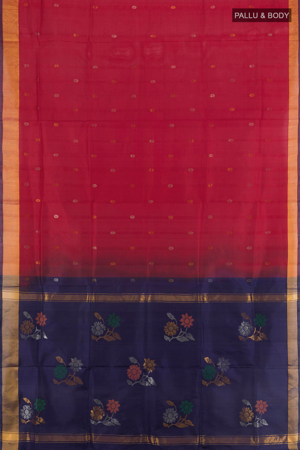 Flat view of Pure Silk Maroon Uppada Saree with Zari Butta on the body and Zari Border. 