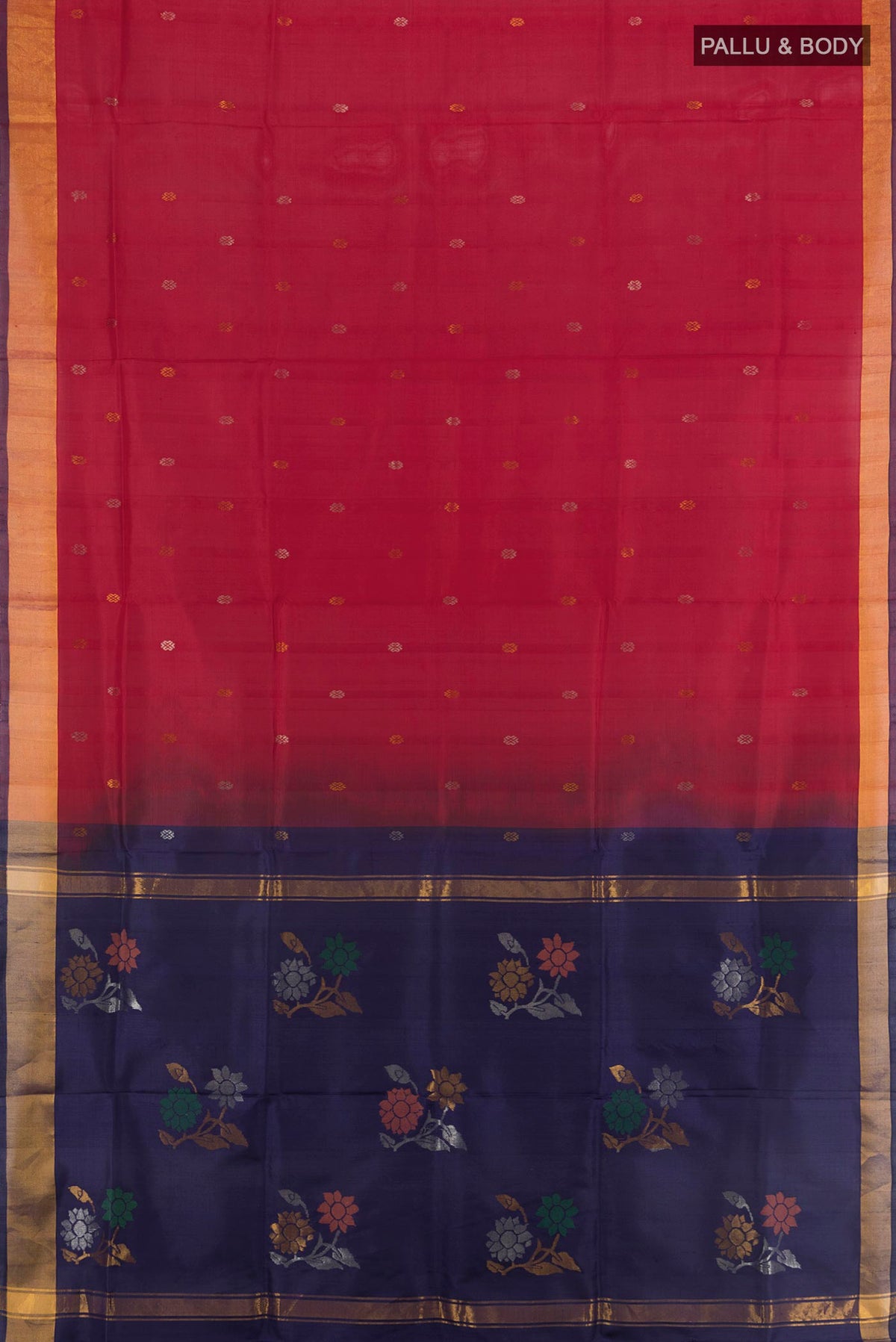 Flat view of Pure Silk Maroon Uppada Saree with Zari Butta on the body and Zari Border. 