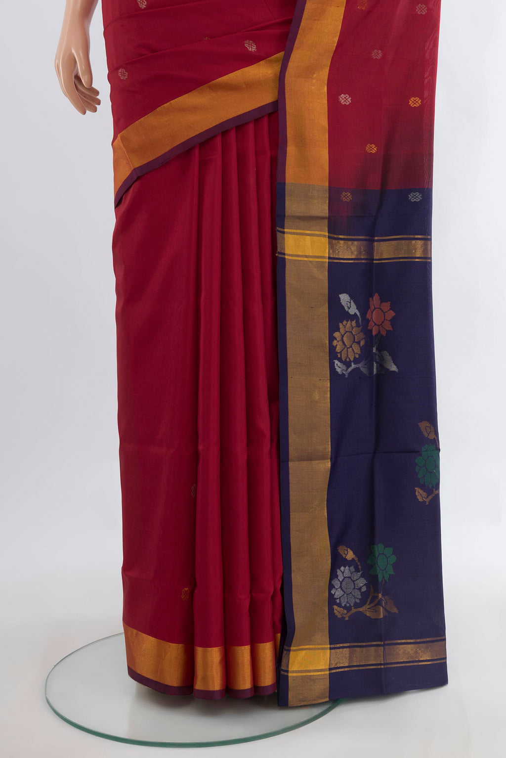 Pleats and pallu of Pure Silk Maroon Uppada Saree with Zari Butta on the body and Zari Border. 