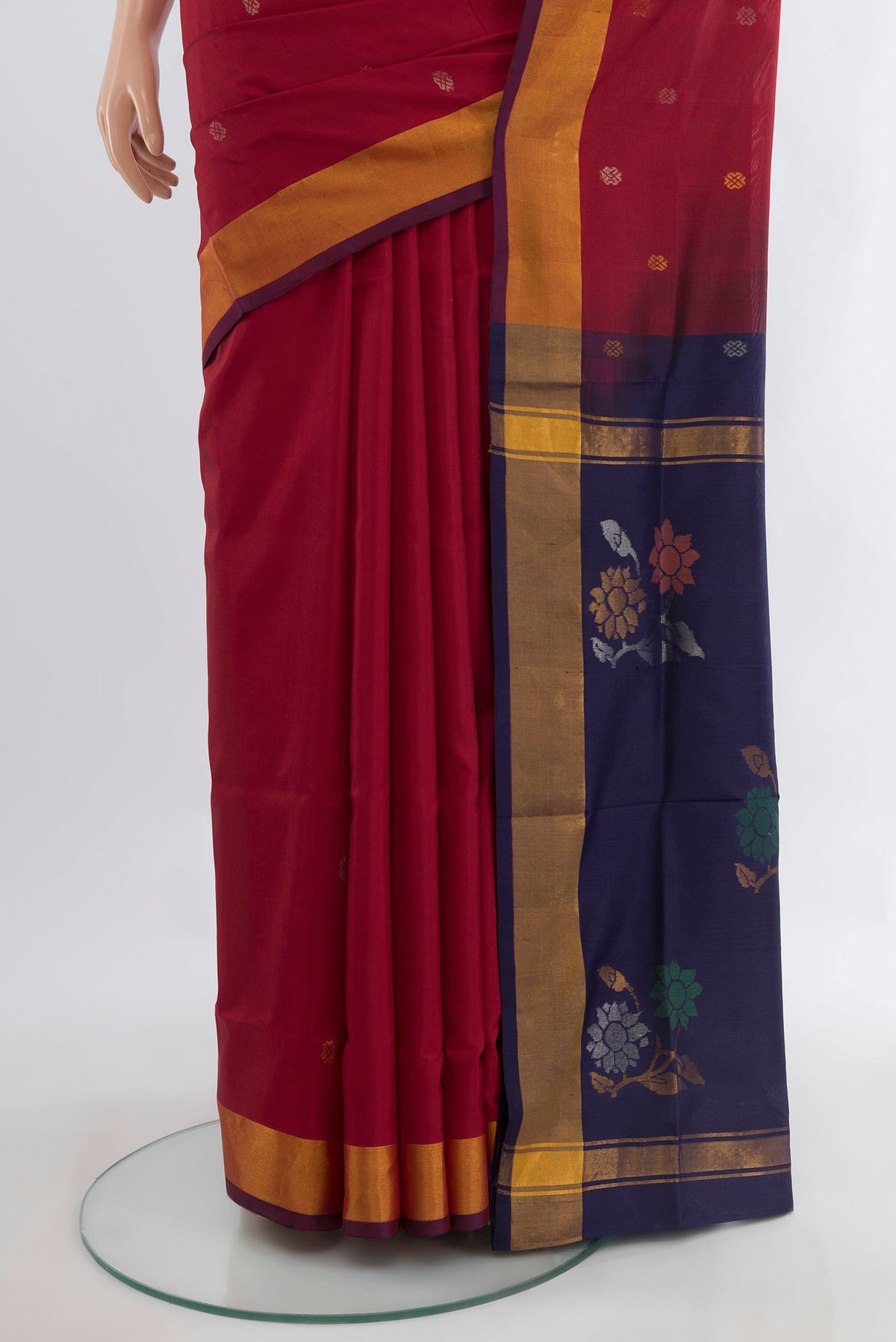 Pleats and pallu of Pure Silk Maroon Uppada Saree with Zari Butta on the body and Zari Border. 