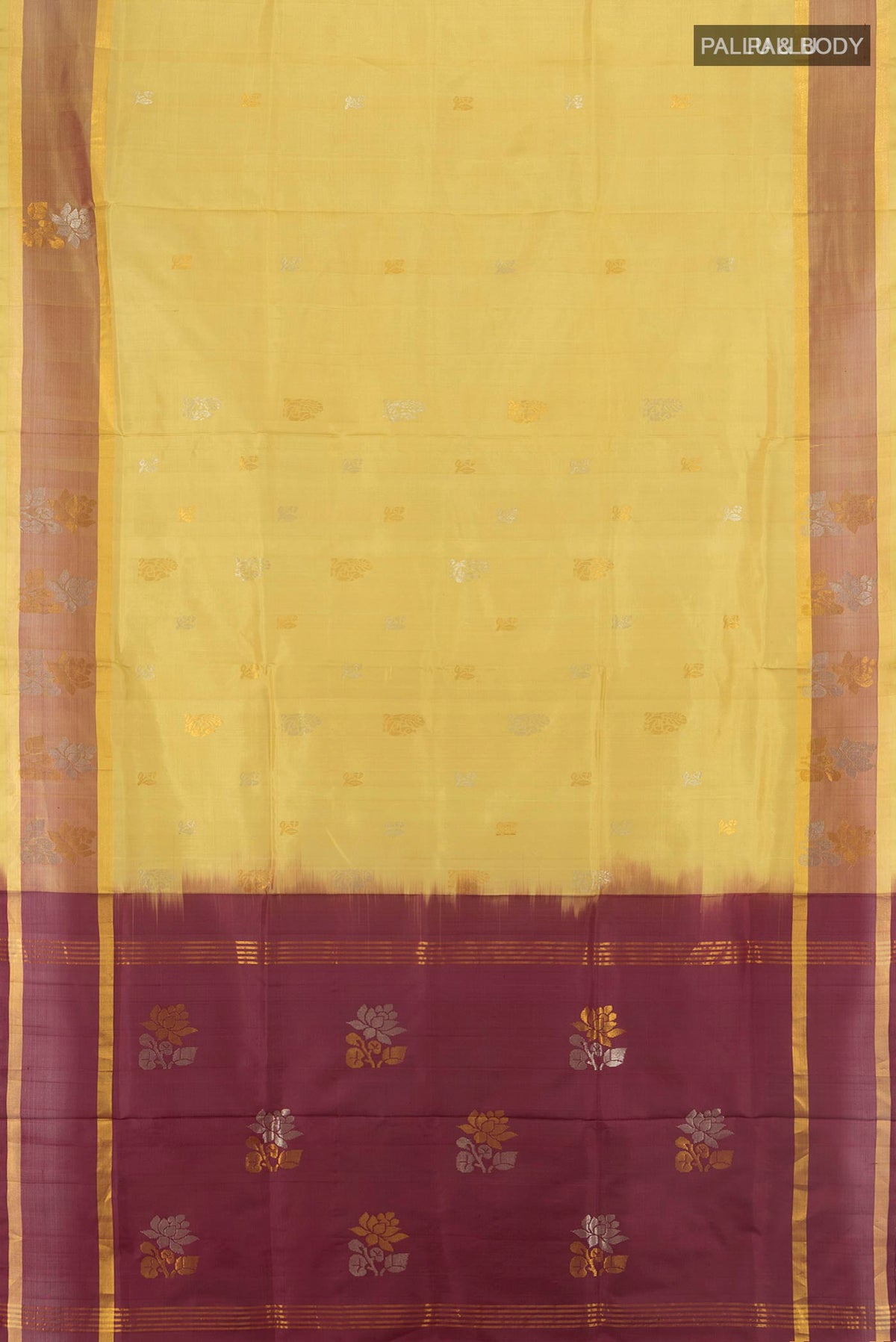 Flat view of Pure Silk Sandal Uppada Saree with Zari Butta on the body and Plain Border. 