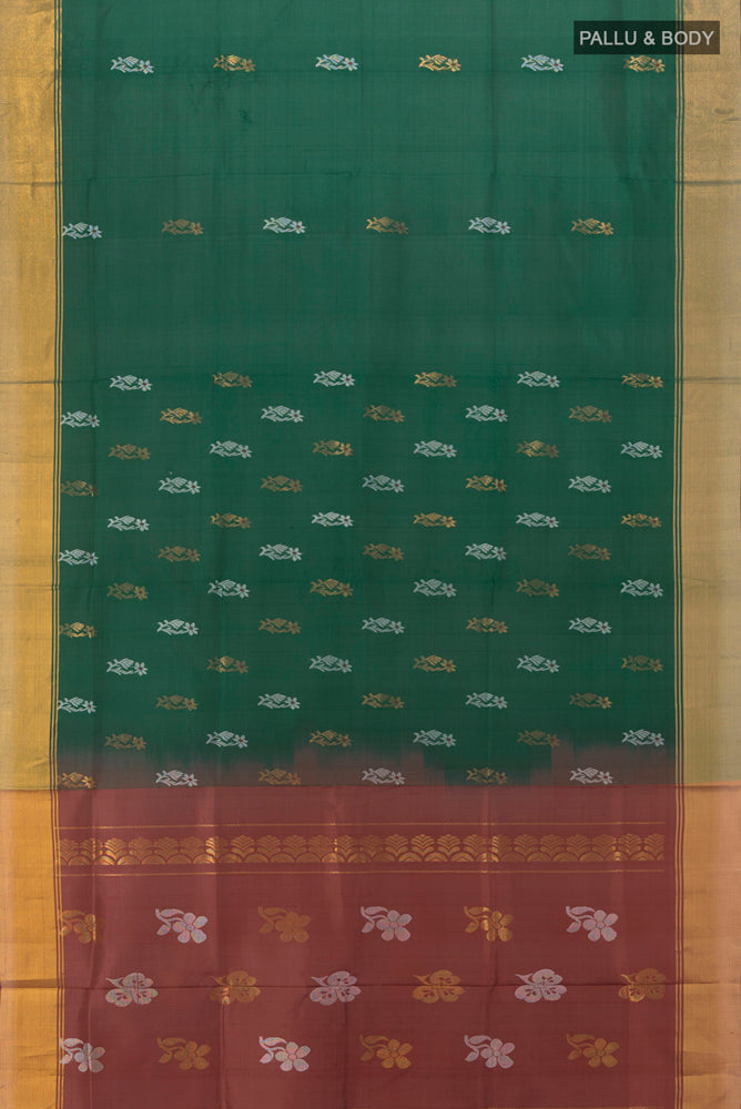 Flat view of Mint Green Uppada Silk Saree with Zari Butta on the body and Silk Border. 