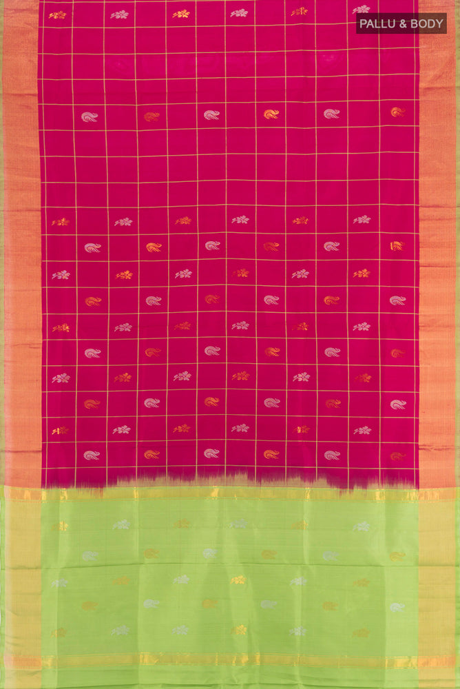 Flat view of Magenta Uppada Silk Saree with Zari Brocade on the body and Silk Border. 