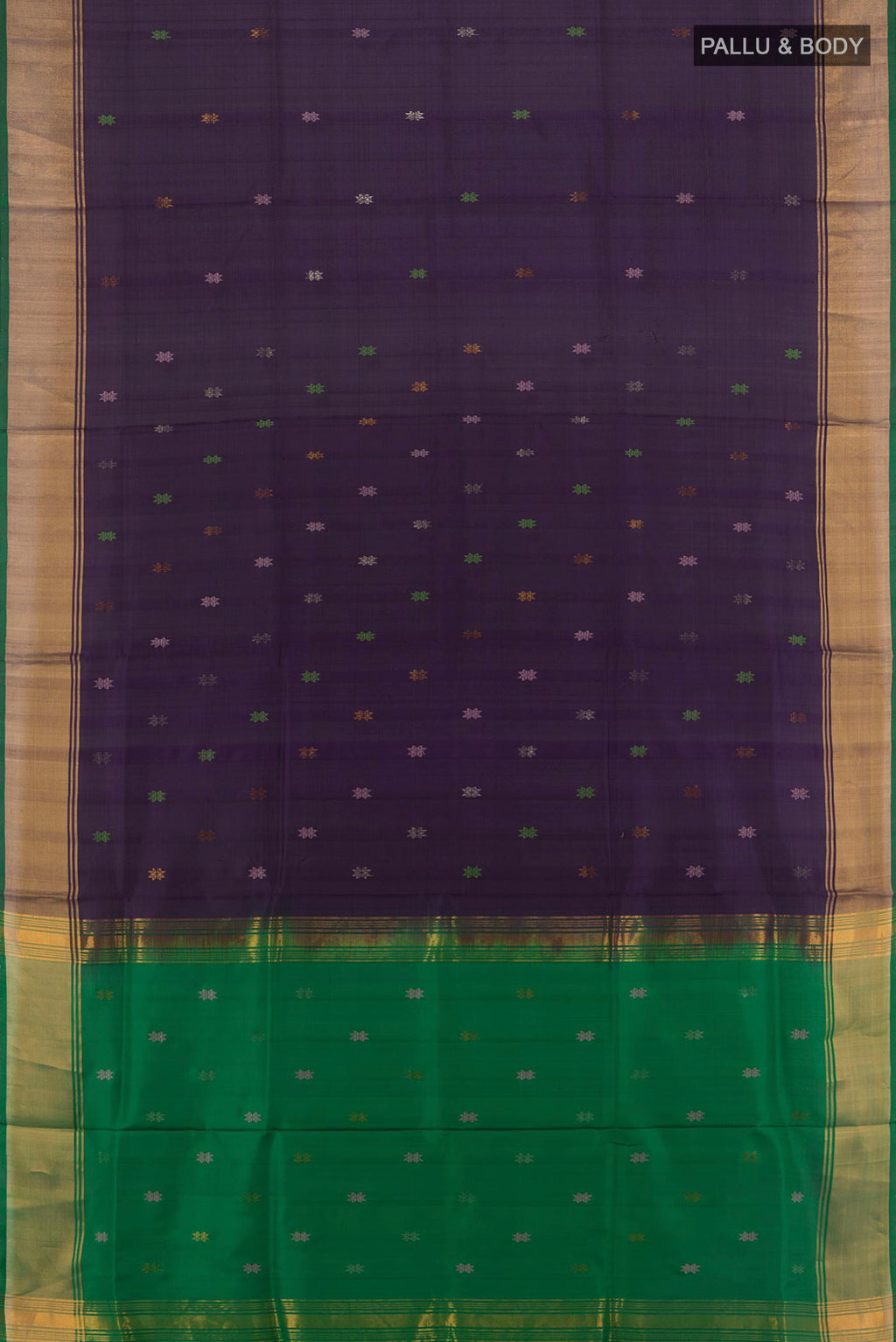 Flat view of Pure Silk Violet Uppada Saree with Zari Butta on the body and Silk Border. 