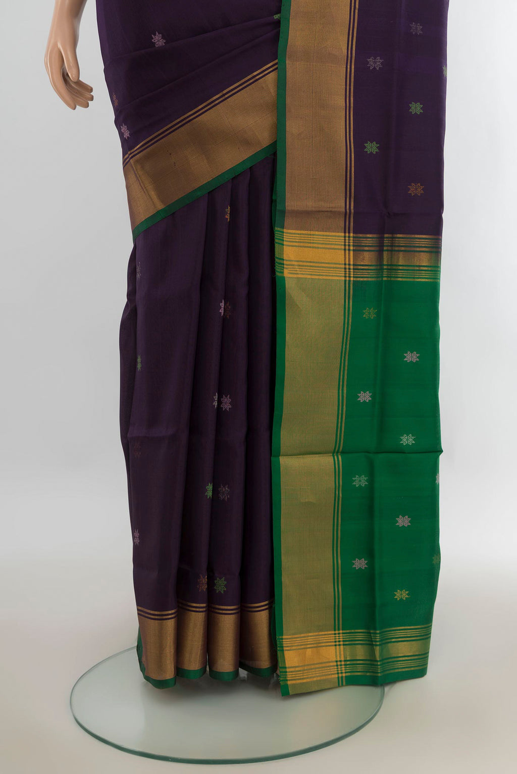 Pleats and pallu of Pure Silk Violet Uppada Saree with Zari Butta on the body and Silk Border. 