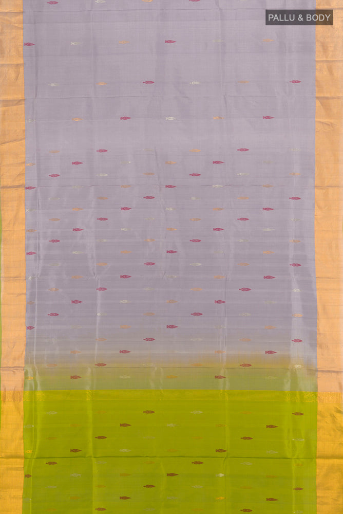 Flat view of Grey Uppada Silk Saree with Zari Butta on the body and Silk Border. 