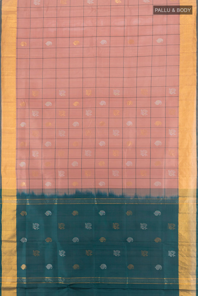 Flat view of Bronze Uppada Silk Saree with Zari Butta on the body and Silk Border. 