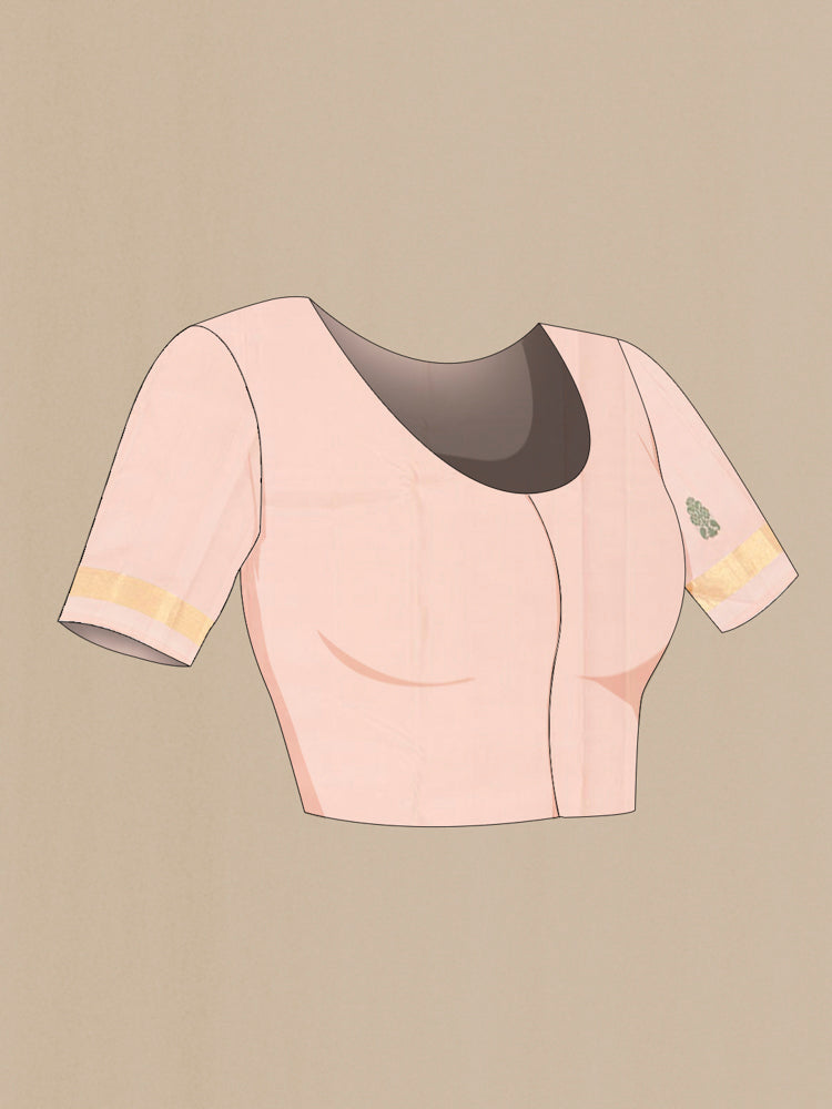 Close up image of the blouse of Rose Gold Kanchipuram Silk Saree with Zari Butta on the body and Silk Border. 
