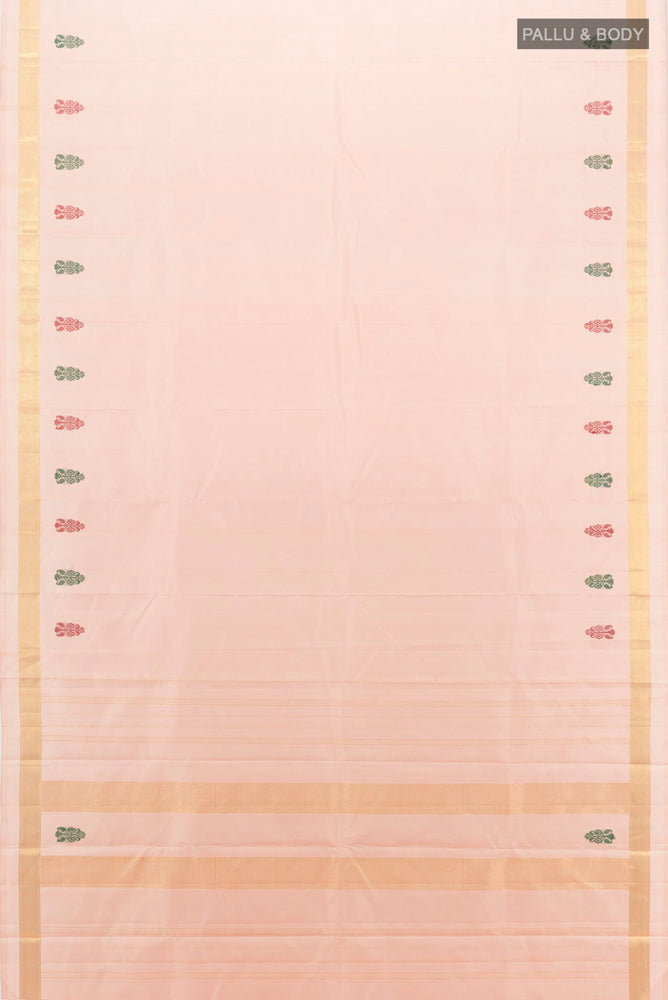 Flat view of Rose Gold Kanchipuram Silk Saree with Zari Butta on the body and Silk Border. 