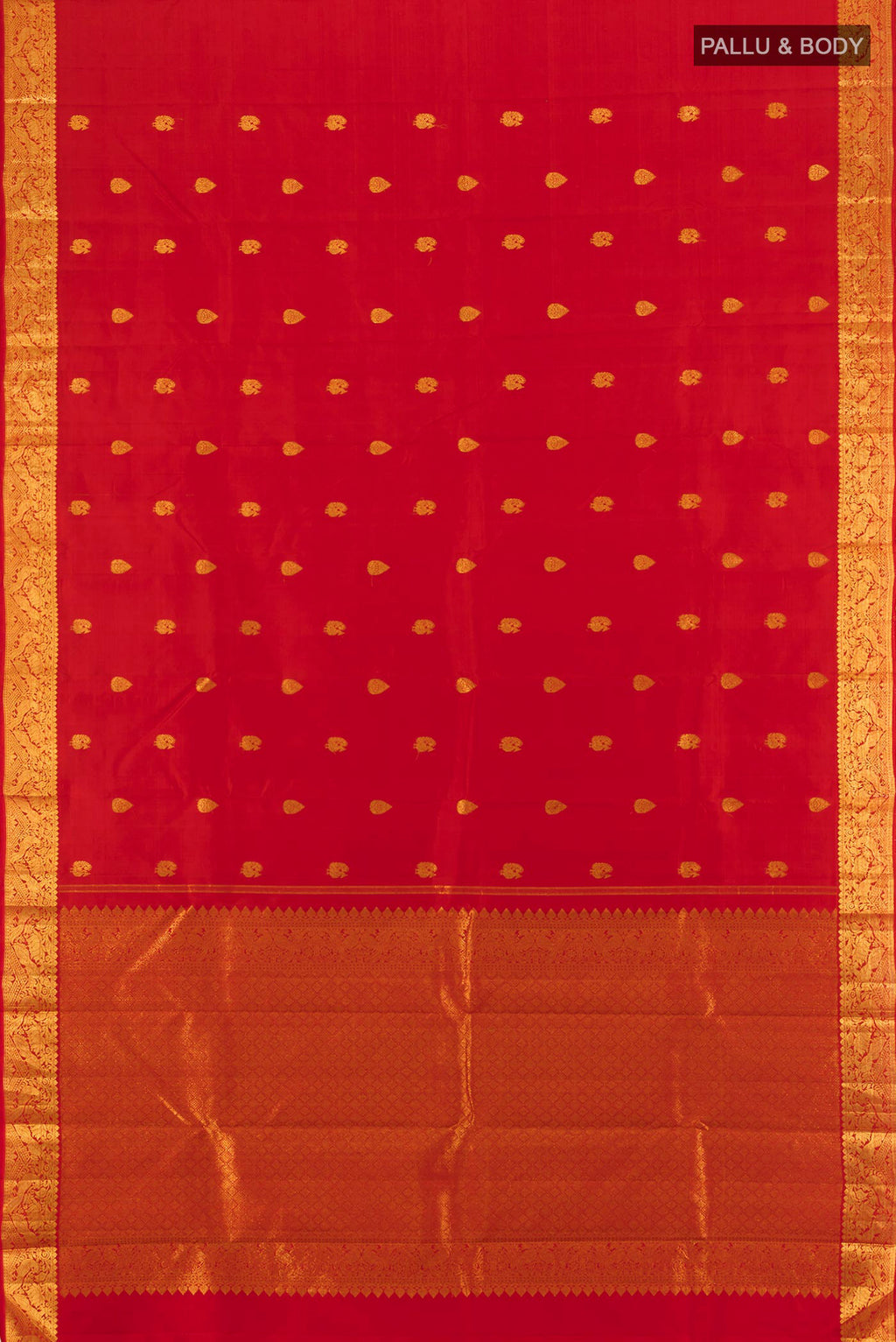 Flat view of Red Kanjivaram Silk Saree with Zari Butta on the body and Zari Border. 