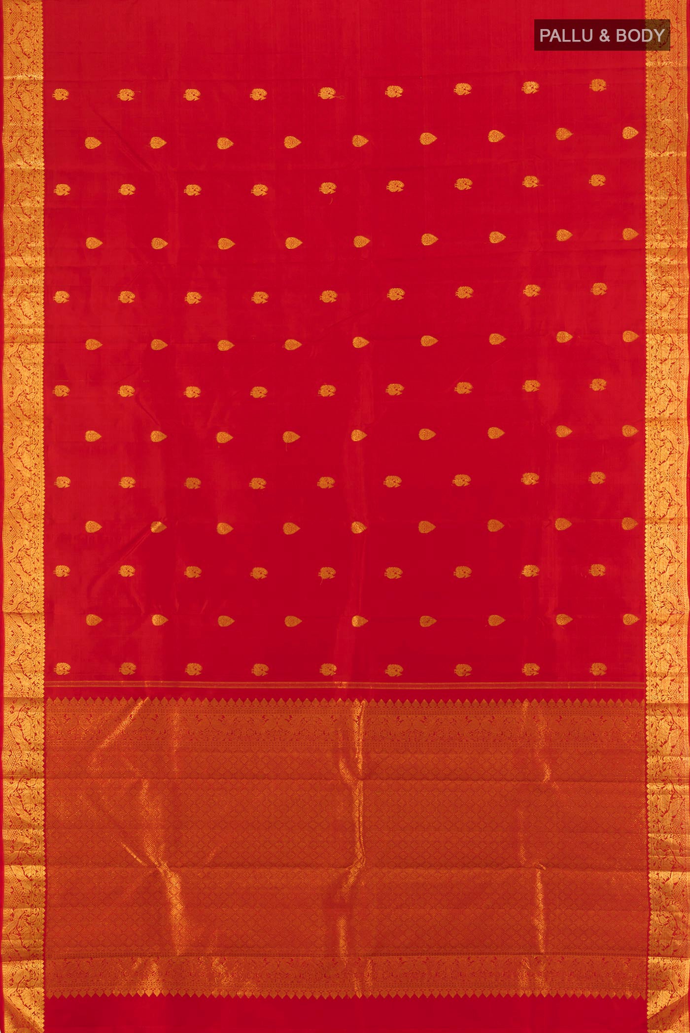 Flat view of Red Kanjivaram Silk Saree with Zari Butta on the body and Zari Border. 