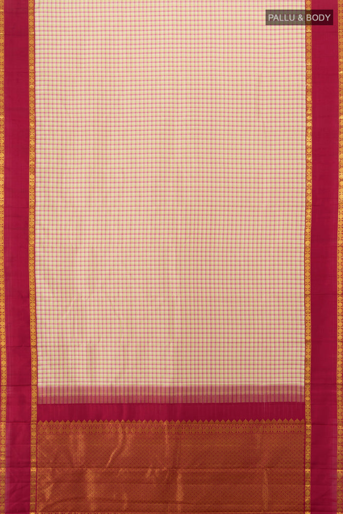 Flat view of Multi Color Kanjivaram Silk Saree with Zari Butta on the body and Silk Border. 