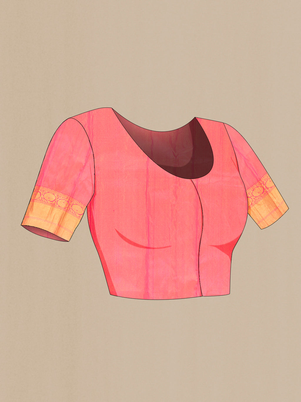 Close up image of the blouse of Rose pink Kanchipuram Silk Saree with Zari Brocade on the body and Zari Border. 