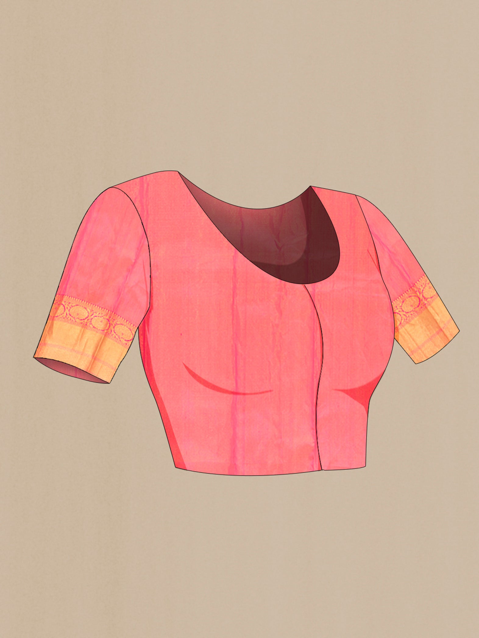 Close up image of the blouse of Rose pink Kanchipuram Silk Saree with Zari Brocade on the body and Zari Border. 