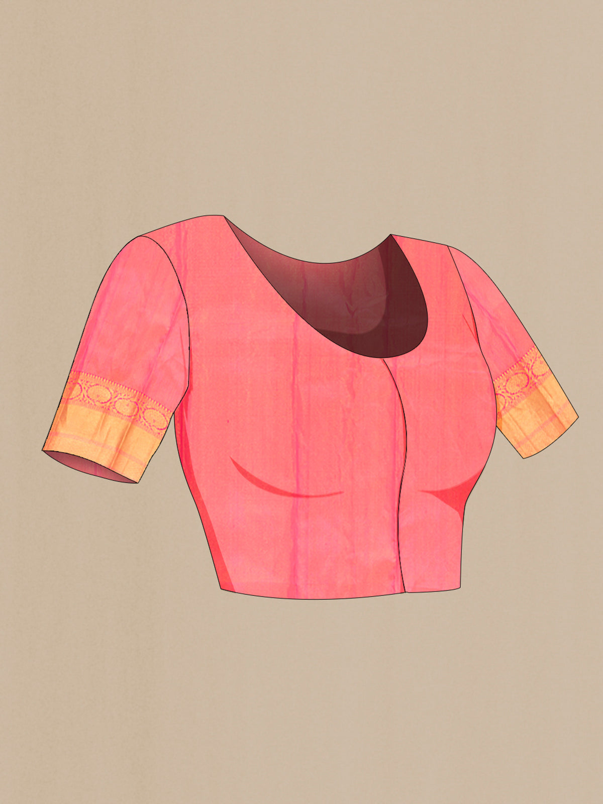 Close up image of the blouse of Rose pink Kanchipuram Silk Saree with Zari Brocade on the body and Zari Border. 