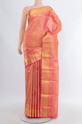 Rose pink Kanchipuram Silk Saree with Zari Brocade on the body and Zari Border.  displayed on a mannequin