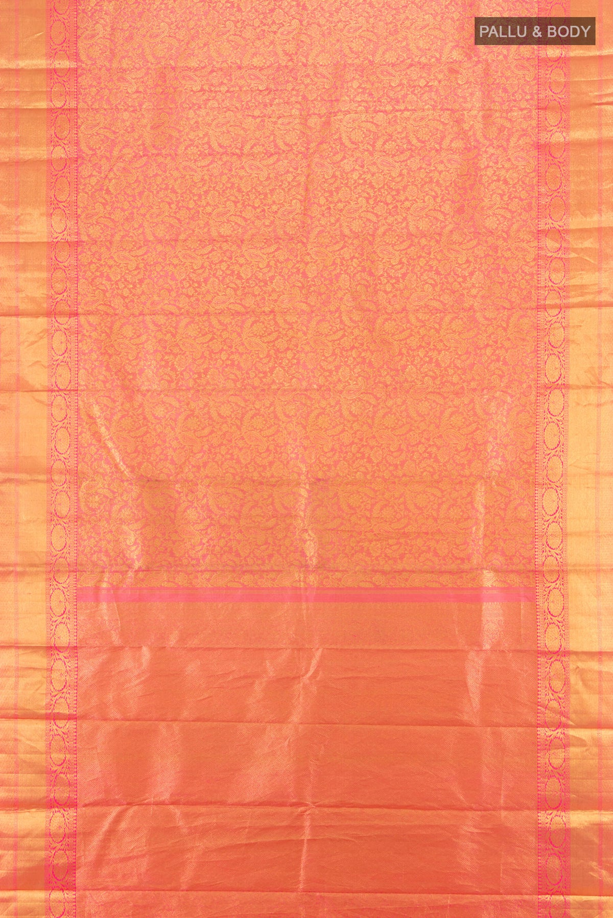 Flat view of Rose pink Kanchipuram Silk Saree with Zari Brocade on the body and Zari Border. 