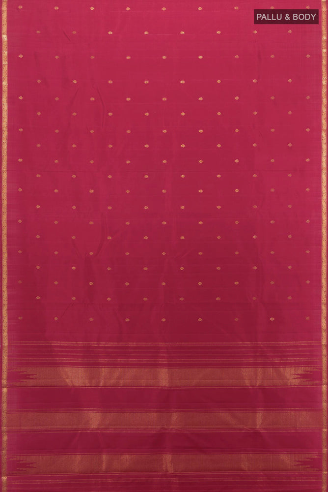 Flat view of Pure Silk Pure Zari Maroon Kanchipuram Saree with Zari Butta on the body and Silk Border. 