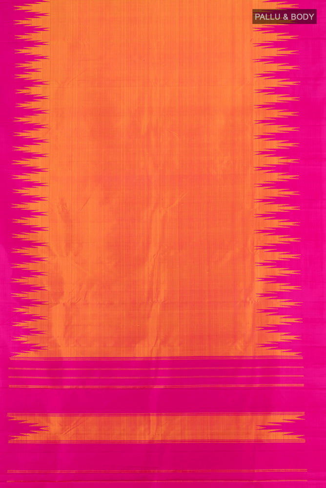 Flat view of Pure Silk Pure Zari Peach Kanjivaram Saree with Zari Butta on the body and Silk Border. 