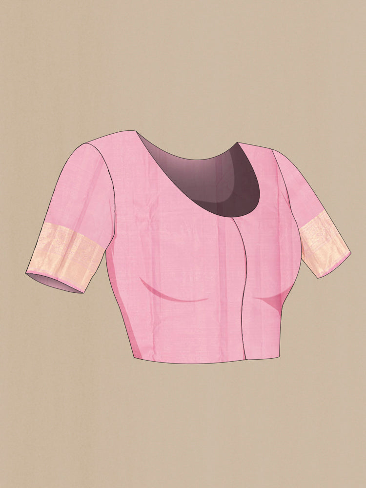 Close up image of the blouse of Rose pink Kanjivaram Silk Saree with Zari Butta on the body and Silk Border. 