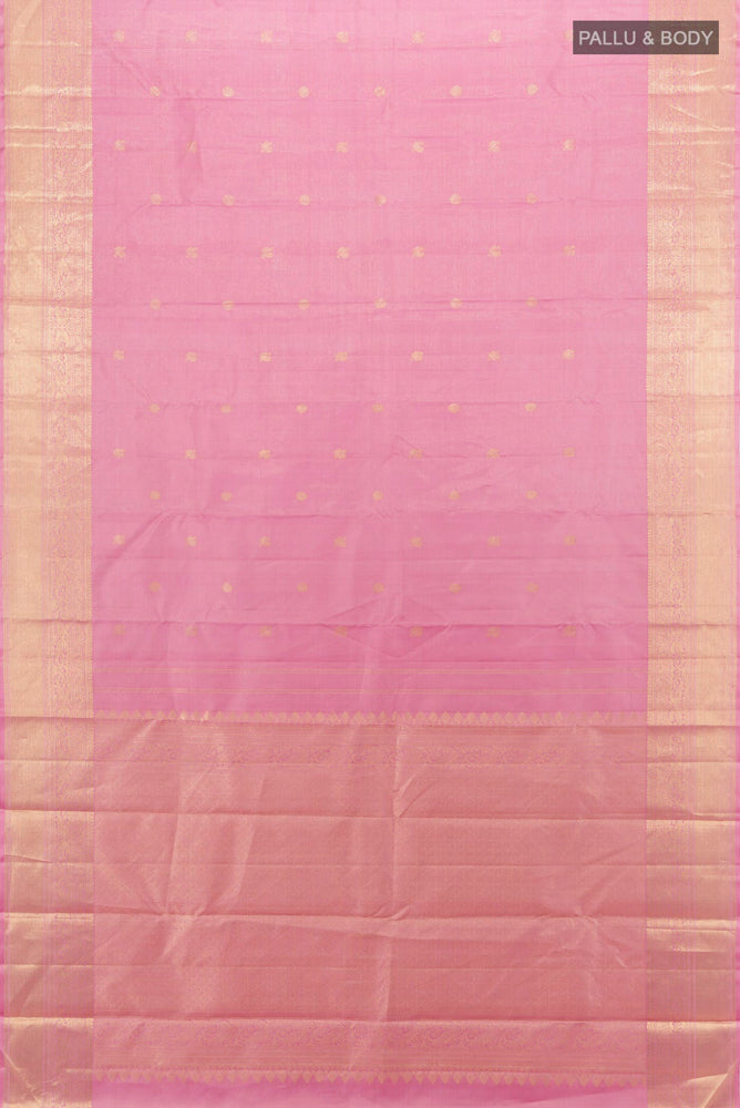 Flat view of Rose pink Kanjivaram Silk Saree with Zari Butta on the body and Silk Border. 