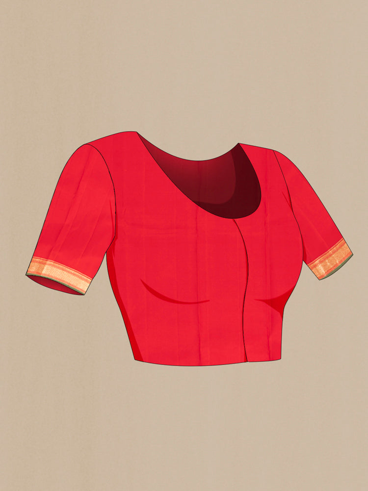 Close up image of the blouse of Pure Silk Pure Zari Red Kanjivaram Saree with Zari Butta on the body and Silk Border. 