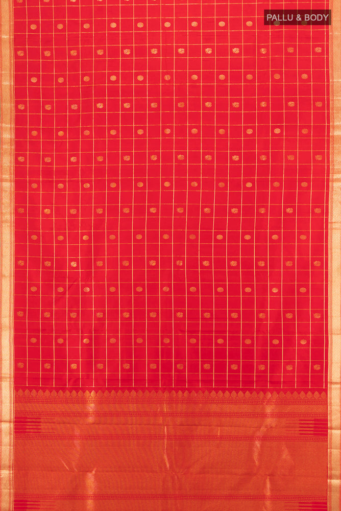 Flat view of Pure Silk Pure Zari Red Kanjivaram Saree with Zari Butta on the body and Silk Border. 