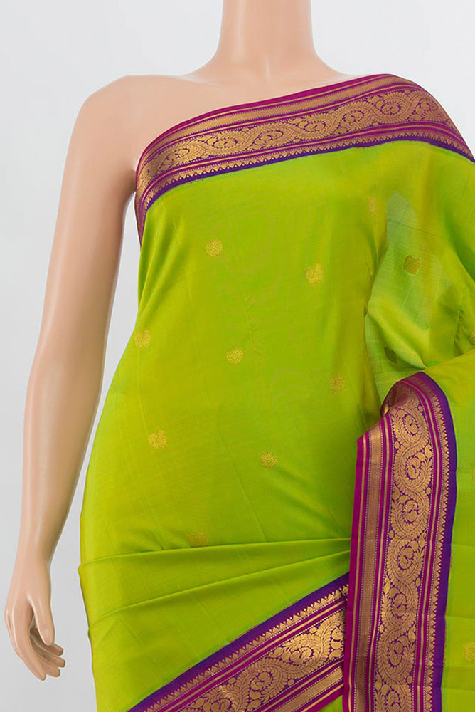 Border image of Pure Silk Pure Zari Parrot Green Kanjivaram Saree with Zari Butta on the body and Silk Border. 