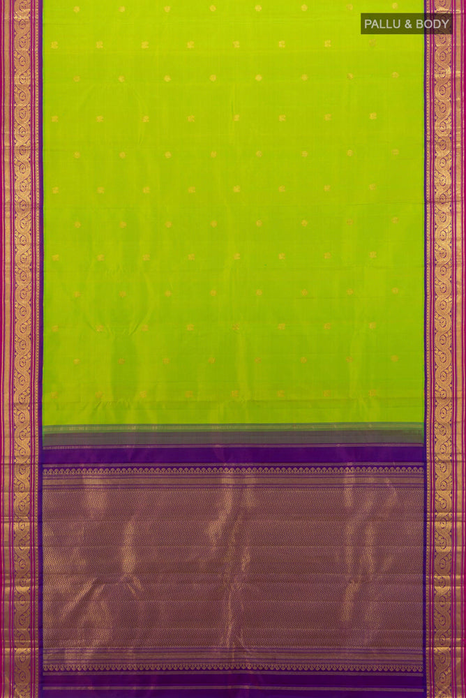 Flat view of Pure Silk Pure Zari Parrot Green Kanjivaram Saree with Zari Butta on the body and Silk Border. 