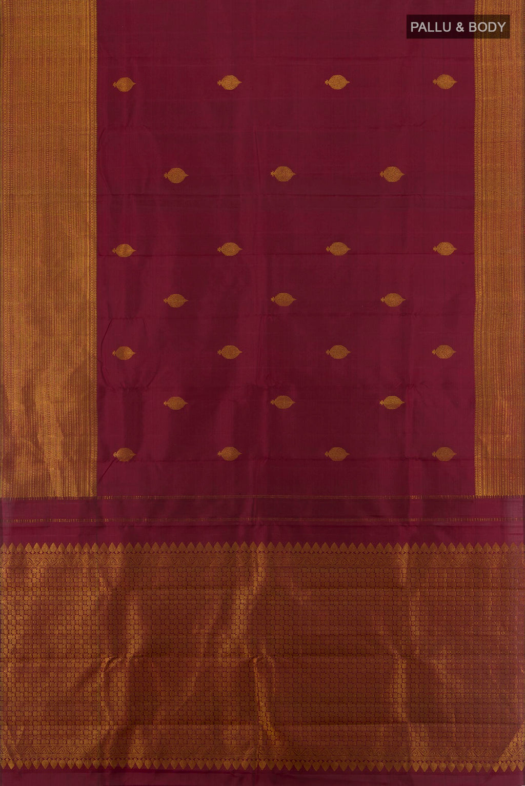 Flat view of Pure Silk Pure Zari Maroon Kanjivaram Saree with Zari Butta on the body and Silk Border. 