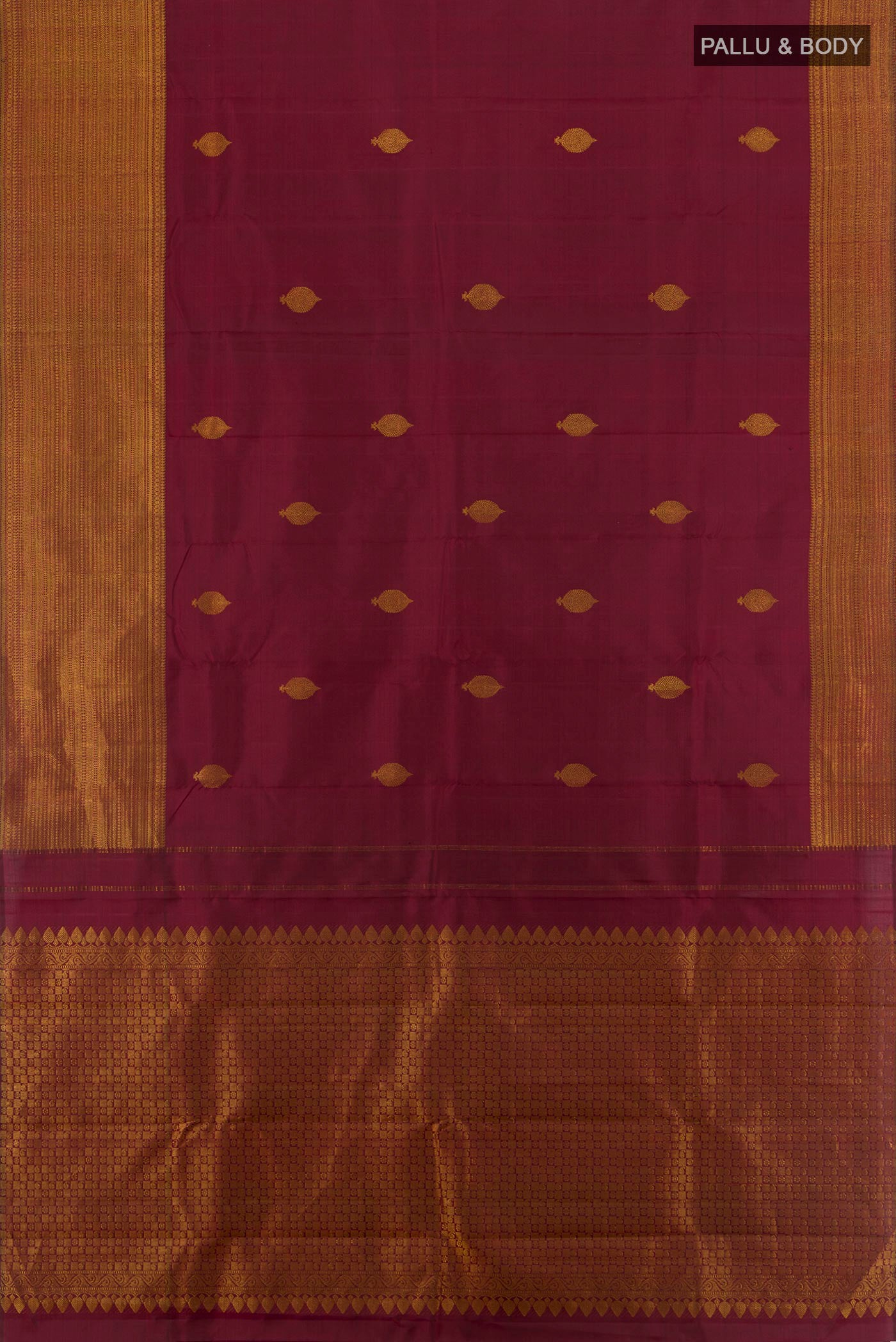 Flat view of Pure Silk Pure Zari Maroon Kanjivaram Saree with Zari Butta on the body and Silk Border. 