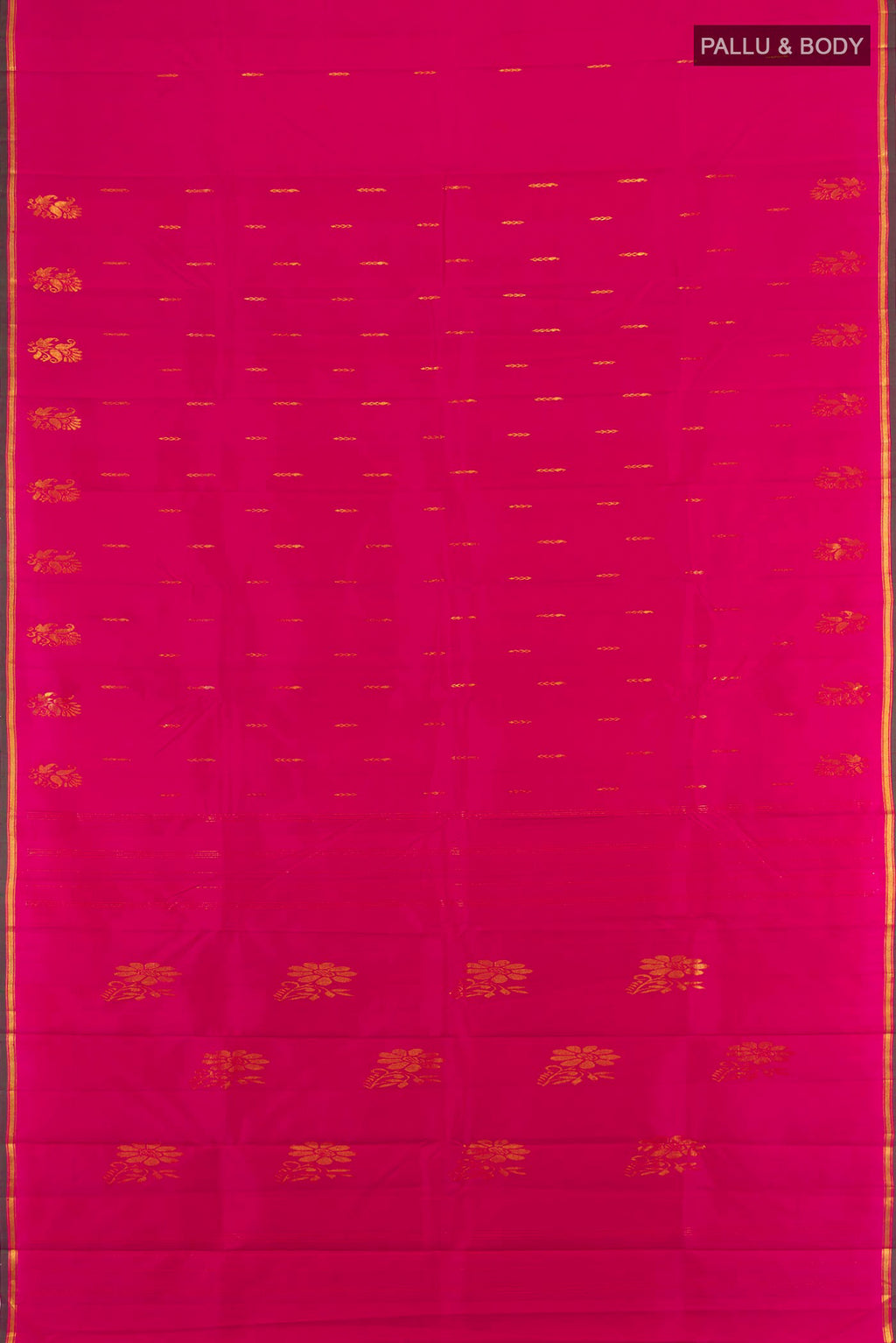 Flat view of Pure Silk Pure Zari Dark Pink Kanjivaram Saree with Zari Butta on the body and Silk Border. 
