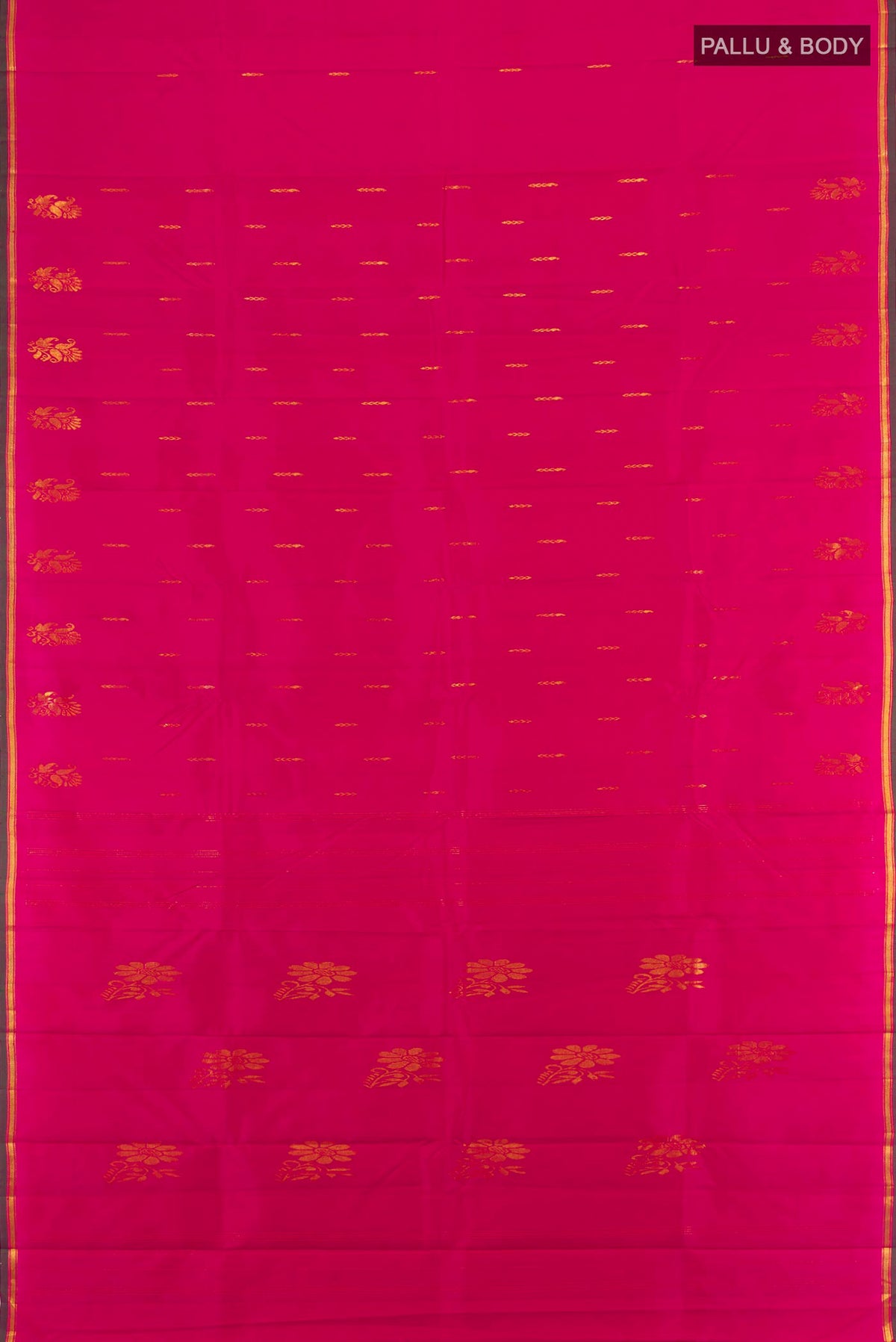 Flat view of Pure Silk Pure Zari Dark Pink Kanjivaram Saree with Zari Butta on the body and Silk Border. 