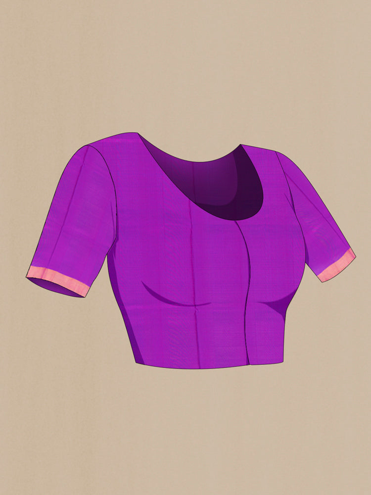 Close up image of the blouse of Purple Uppada Silk Saree with Zari Butta on the body and Silk Border. 