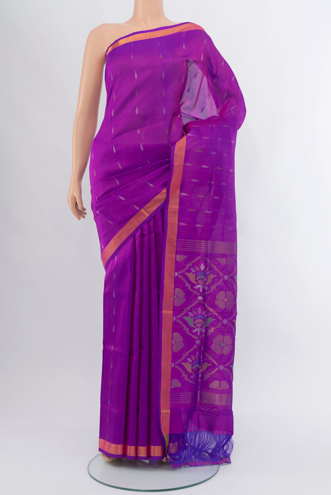 Purple Uppada Silk Saree with Zari Butta on the body and Silk Border.  displayed on a mannequin