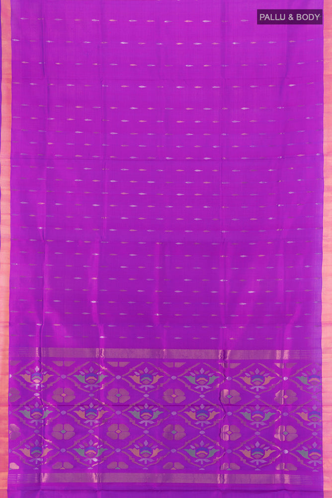 Flat view of Purple Uppada Silk Saree with Zari Butta on the body and Silk Border. 