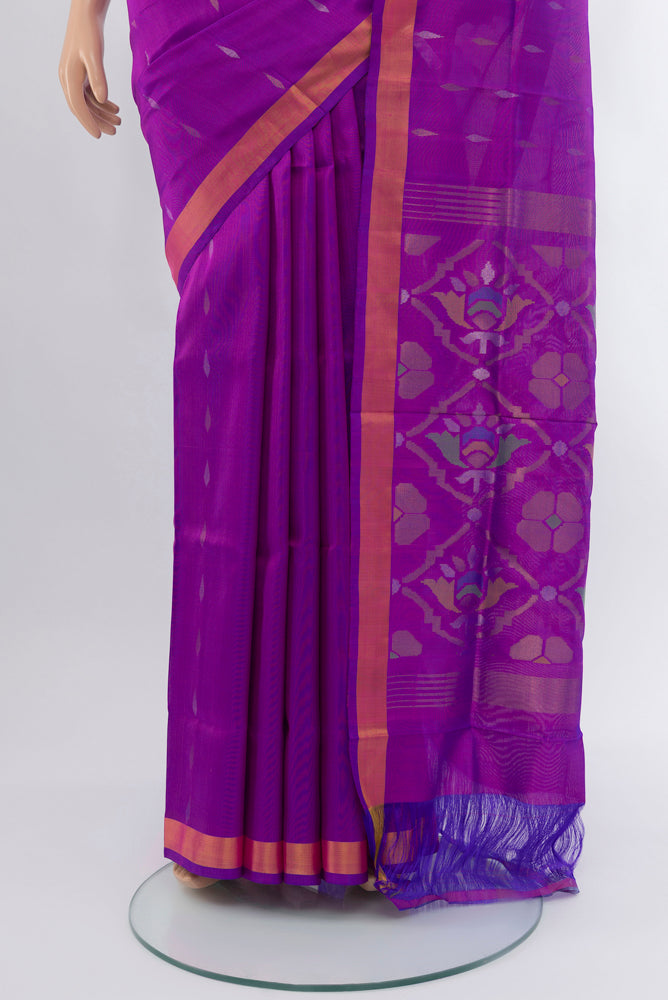 Pleats and pallu of Purple Uppada Silk Saree with Zari Butta on the body and Silk Border. 