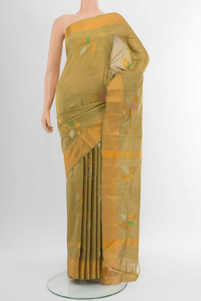 Pure Silk Pure Zari Light Green Uppada Saree with Zari Butta on the body and Silk Border.  displayed on a mannequin