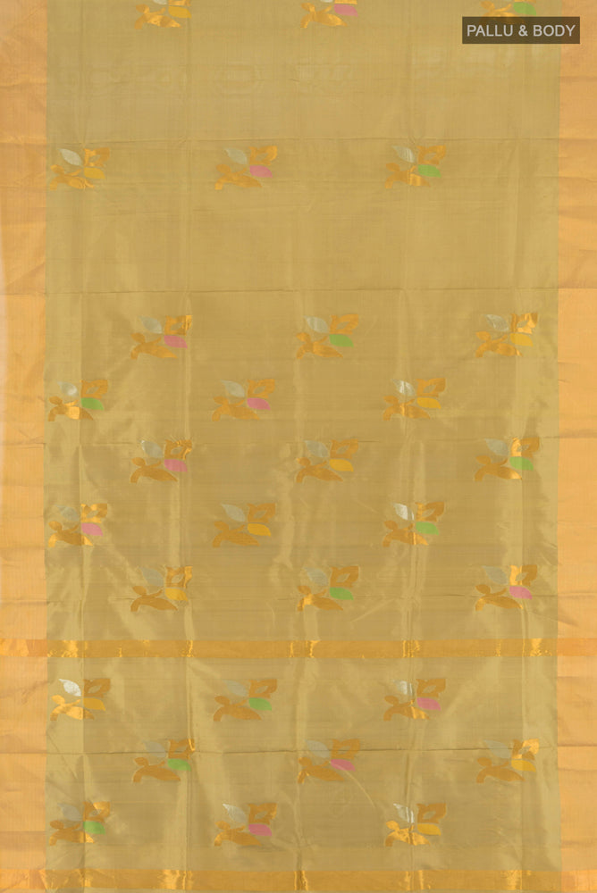 Flat view of Pure Silk Pure Zari Light Green Uppada Saree with Zari Butta on the body and Silk Border. 