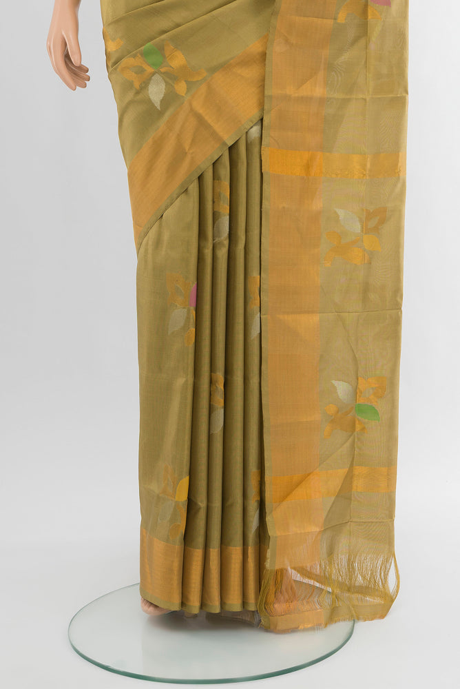 Pleats and pallu of Pure Silk Pure Zari Light Green Uppada Saree with Zari Butta on the body and Silk Border. 