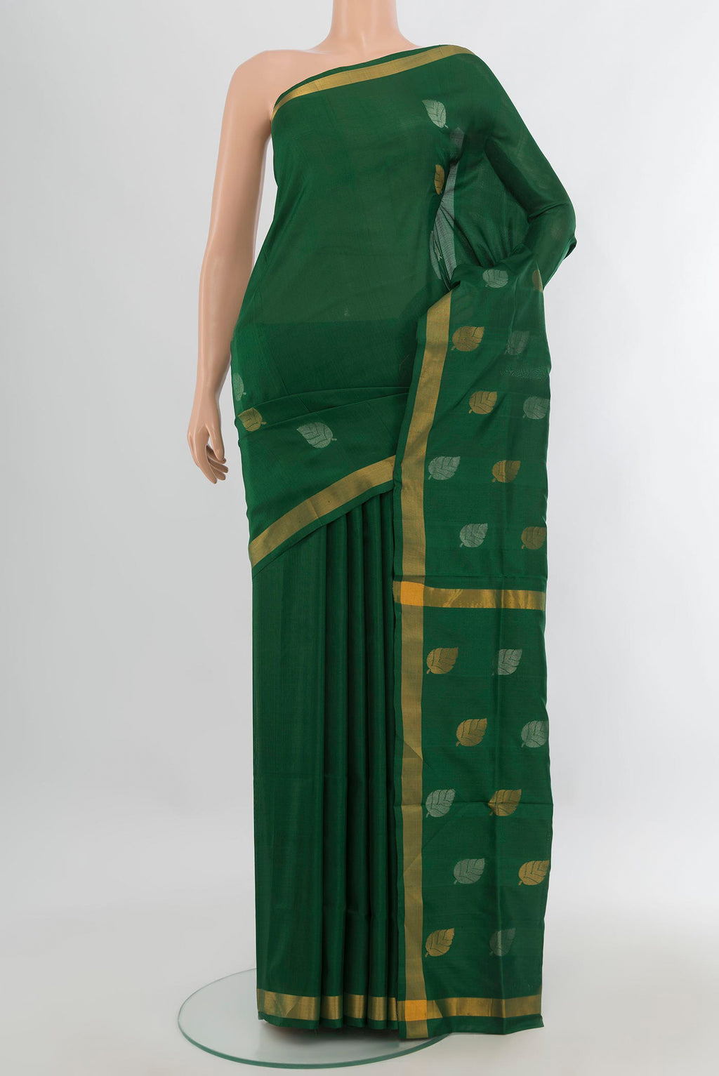 Pure Silk Green Uppada Saree with Zari Butta on the body and Zari Border.  displayed on a mannequin