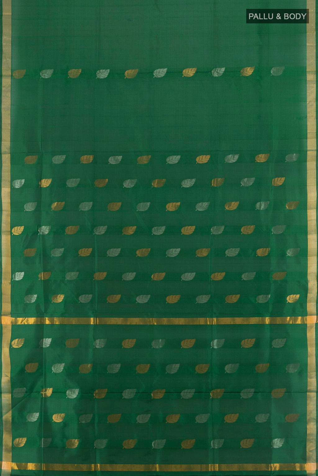 Flat view of Pure Silk Green Uppada Saree with Zari Butta on the body and Zari Border. 