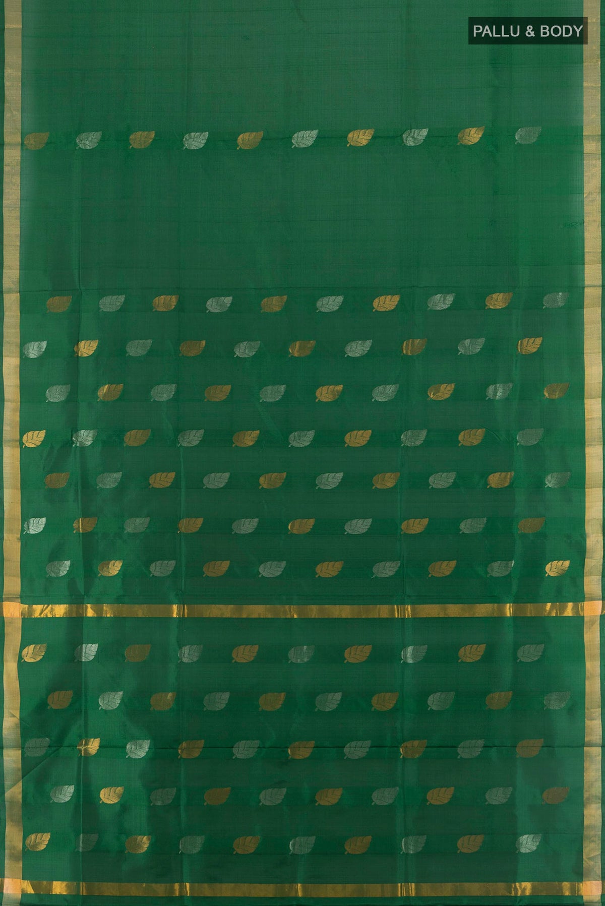Flat view of Pure Silk Green Uppada Saree with Zari Butta on the body and Zari Border. 
